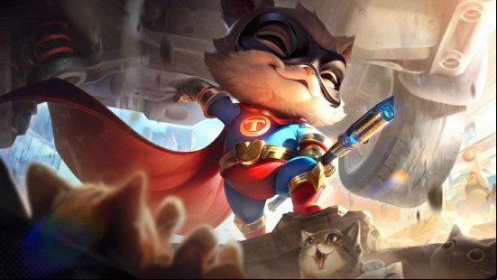 LoL skin sale: a small, furry humanoid dressed in a superhero costume. They are lifting a car up with one arm, saving a bunch of kitten trapped underneath.
